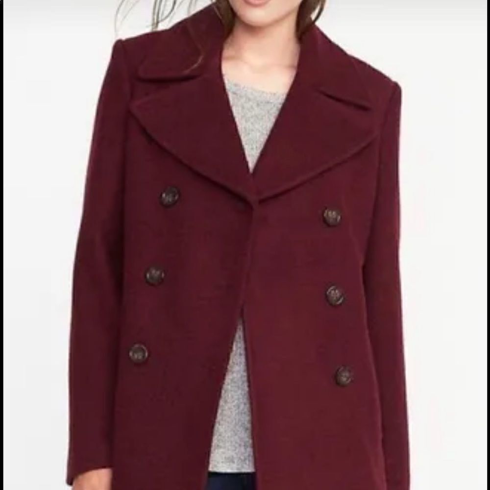 Old Navy Burgundy Wool Blend Pea Coat Pockets Collar S - Picture 10 of 10